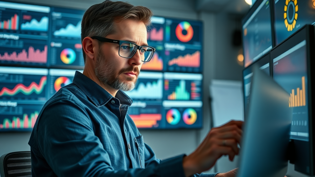 analytics expert analyzing SEO data to refine on-page optimization strategies, data dashboards with website stats