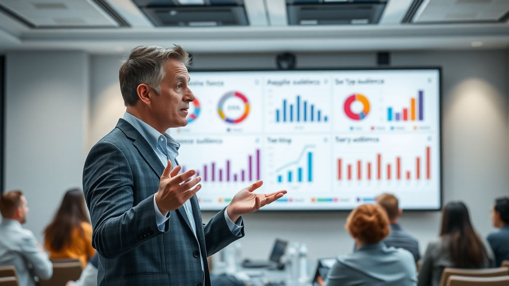 digital ad analyst presenting segmented audience data with audience segments and types on interactive screen