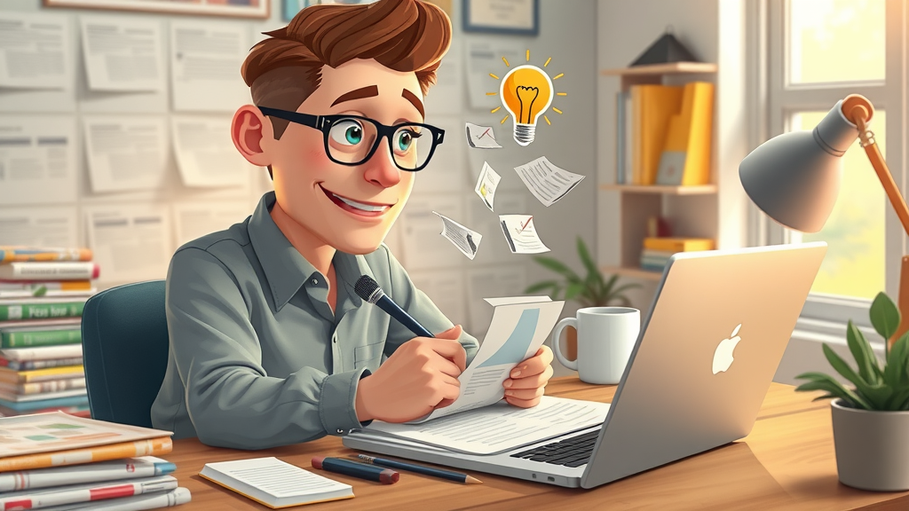Creative writer brainstorming headlines, press release writing, cozy workspace