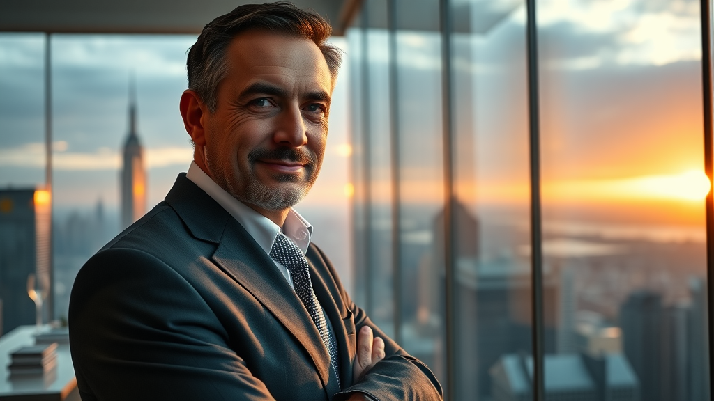 Business leader overlooking city skyline, symbols of strong corporate identity