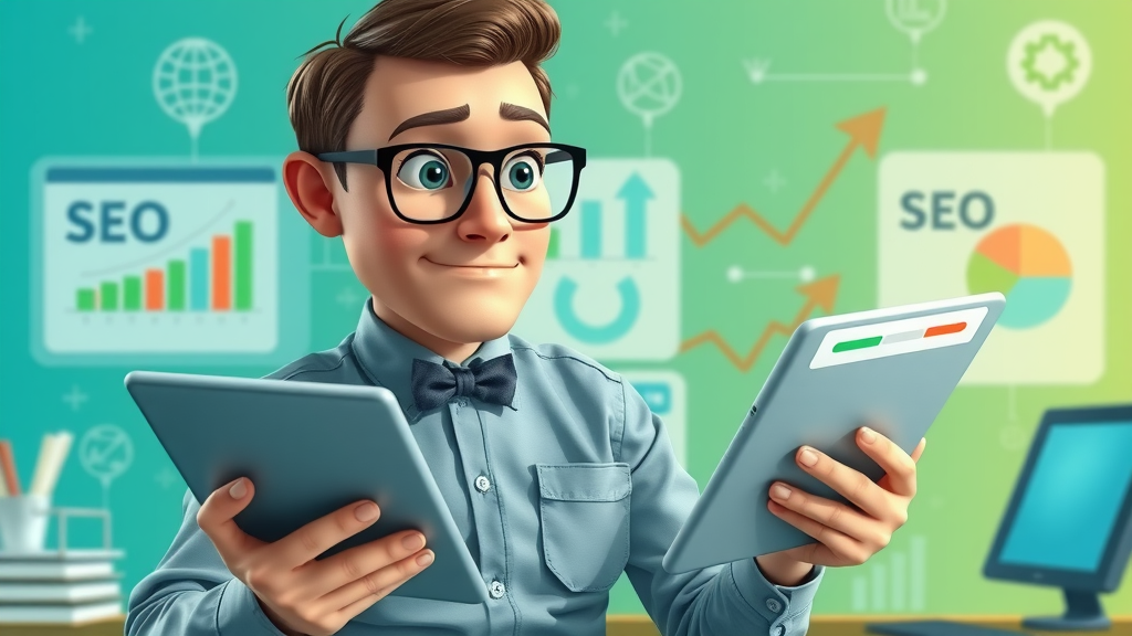 search engine optimization marketer comparing features of SEO tools, creative digital workspace, feature icons and bubble charts
