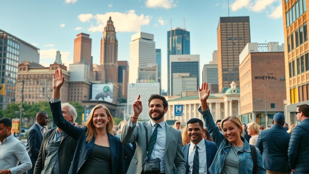 downtown Minneapolis skyline with business owners celebrating small business growth, vibrant urban setting, photorealistic detail