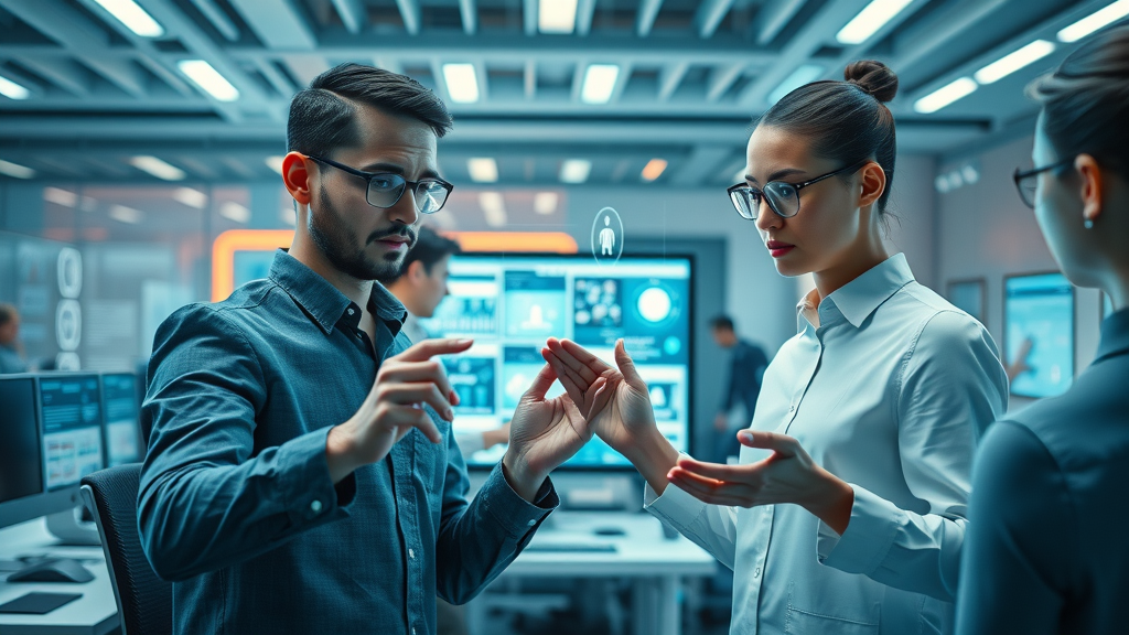 Futuristic small business office: team exploring generative AI-powered digital assistants
