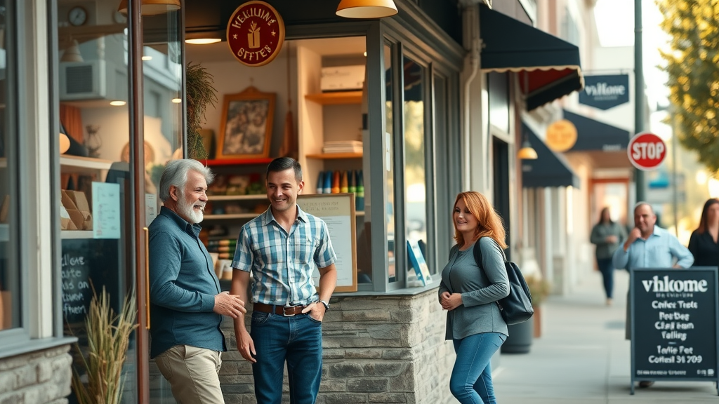 online advertising local businesses inviting local storefront cheerful business owners welcoming clients lively small town street