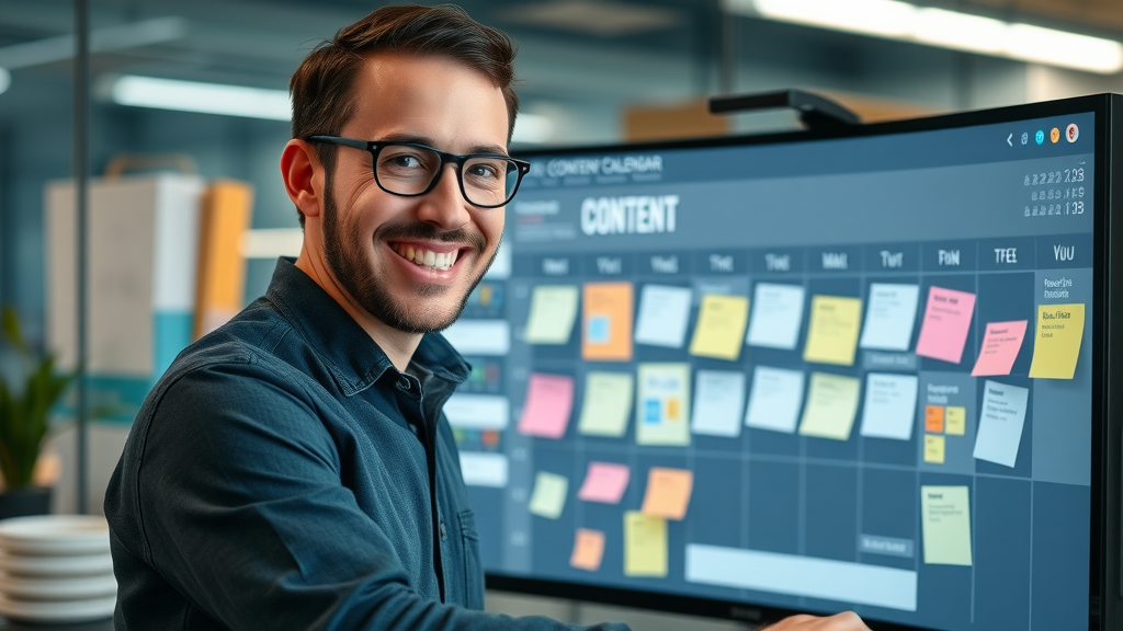 focused content creator building a content calendar for efficient blog posts and social media content
