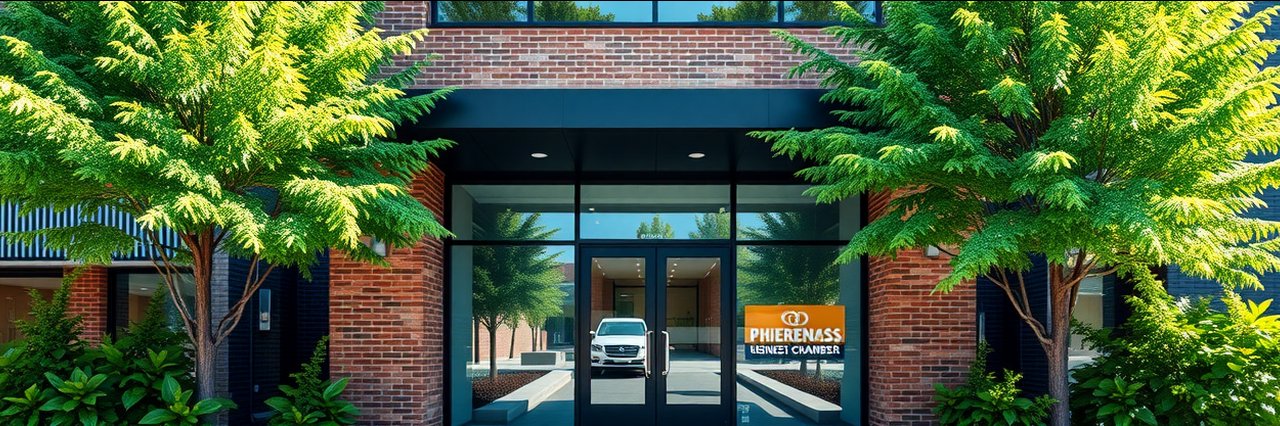 Commercial building front with North Vancouver Chamber sign and green trees, business growth resources