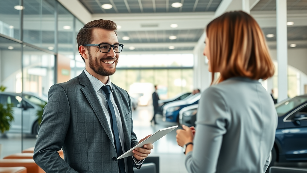 Friendly advisor greeting customer at car dealership, reliable customer service.