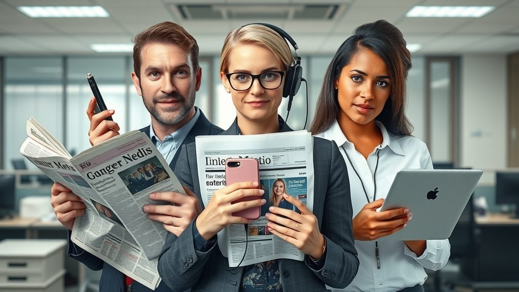 Collage contrasting traditional media tools like newspaper, radio, television, with digital devices such as smartphone, laptop, tablet in a modern office setting - traditional vs digital media