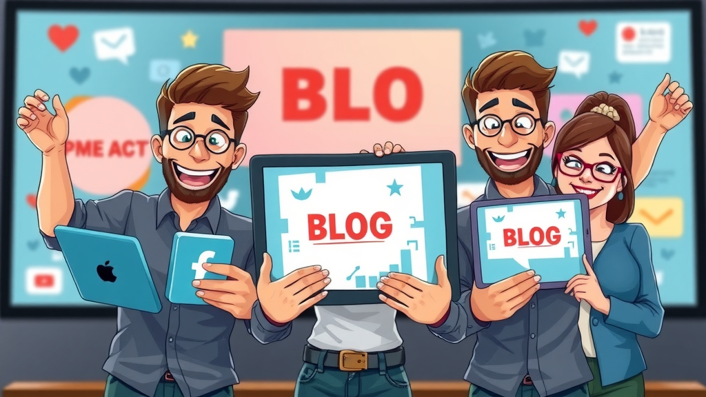 Marketing team posting blog content on multiple devices to enhance a construction company