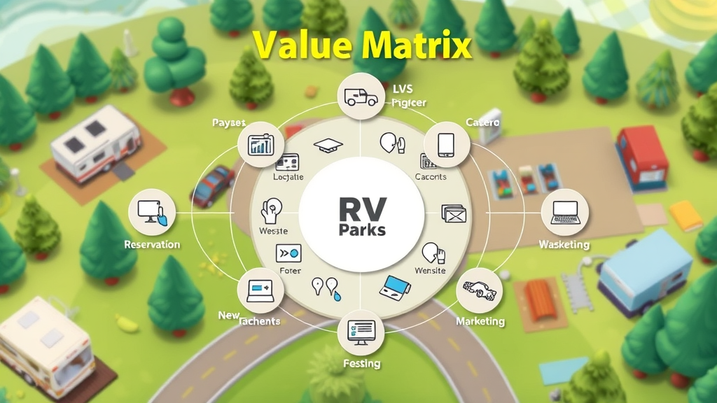 Compelling RV park value matrix diagram with interconnected reservation systems and marketing icons