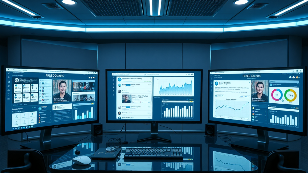 Futuristic digital workspace with multiple screens displaying various social media platforms and analytics for content creation