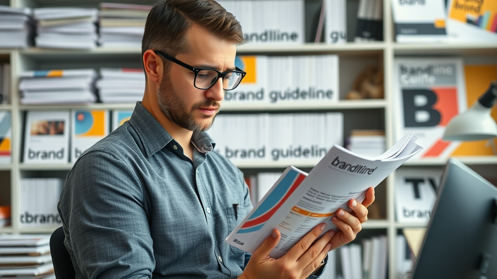 Branding specialist organizing printed brand guideline documents, showcasing the essential role of consistency in successful marketing branding.