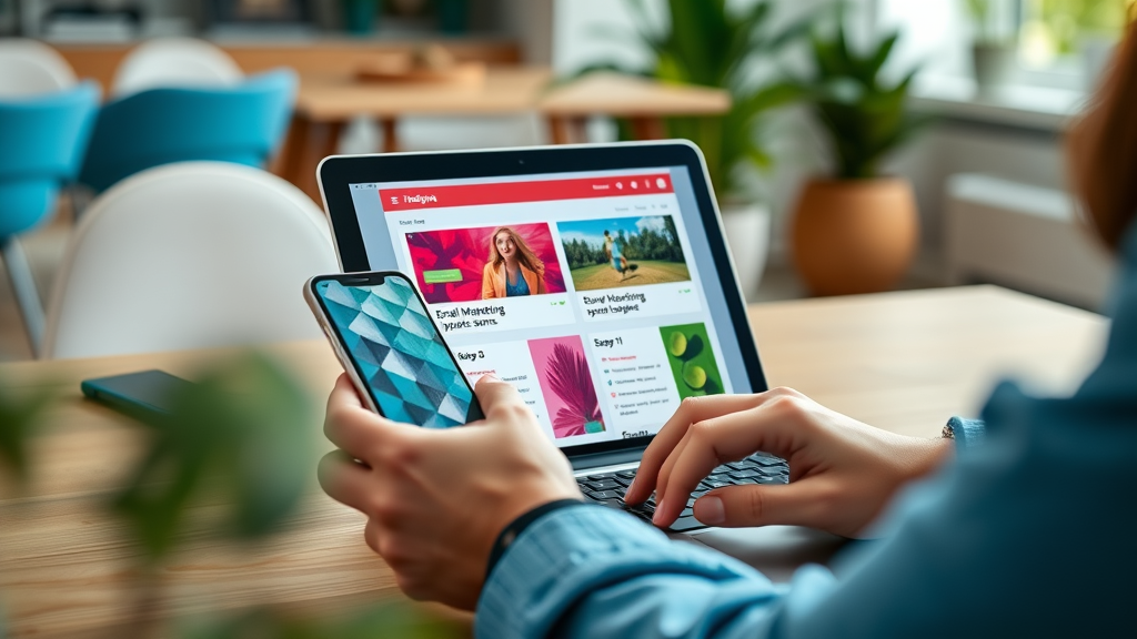 Close-up of mobile device and laptop with vibrant email marketing campaign templates and catchy subject lines being edited by a professional, modern coworking setting
