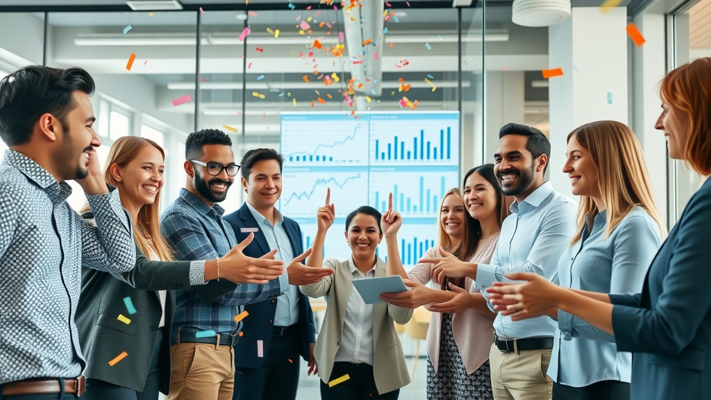 Marketing campaign success with diverse team celebrating integrated paid and organic traffic strategies