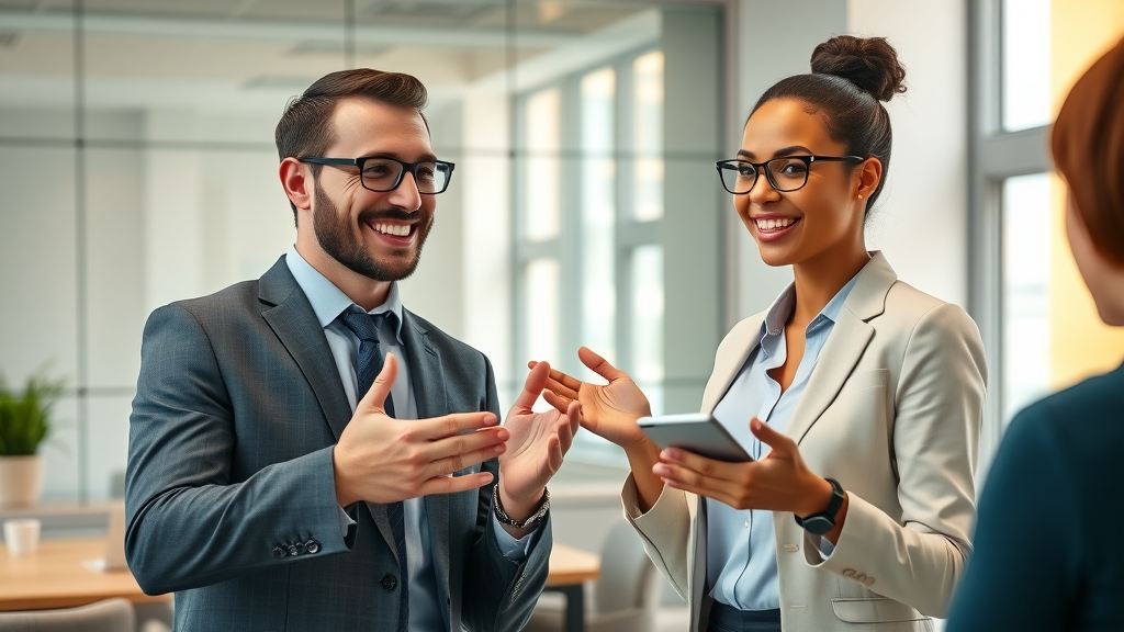 enthusiastic business professionals engaging in referral program, exchange of trust in a modern office