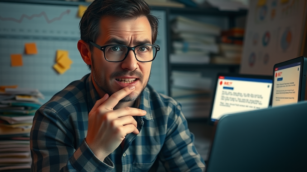 Google Ads campaign errors bewildered advertiser frustrated with messy setup in cluttered workspace