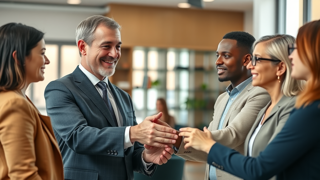 Caring solicitor interacting warmly with clients, content strategies for building credibility as a solicitor in Mullingar, bright welcoming law office setting