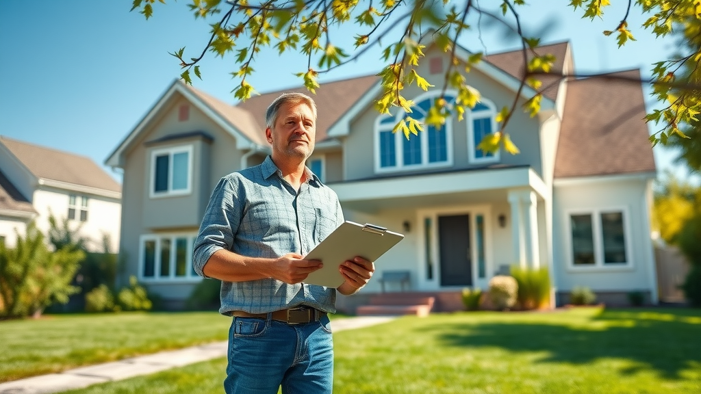 roof inspection modern suburban home exterior concerned homeowner examining roof clipboard