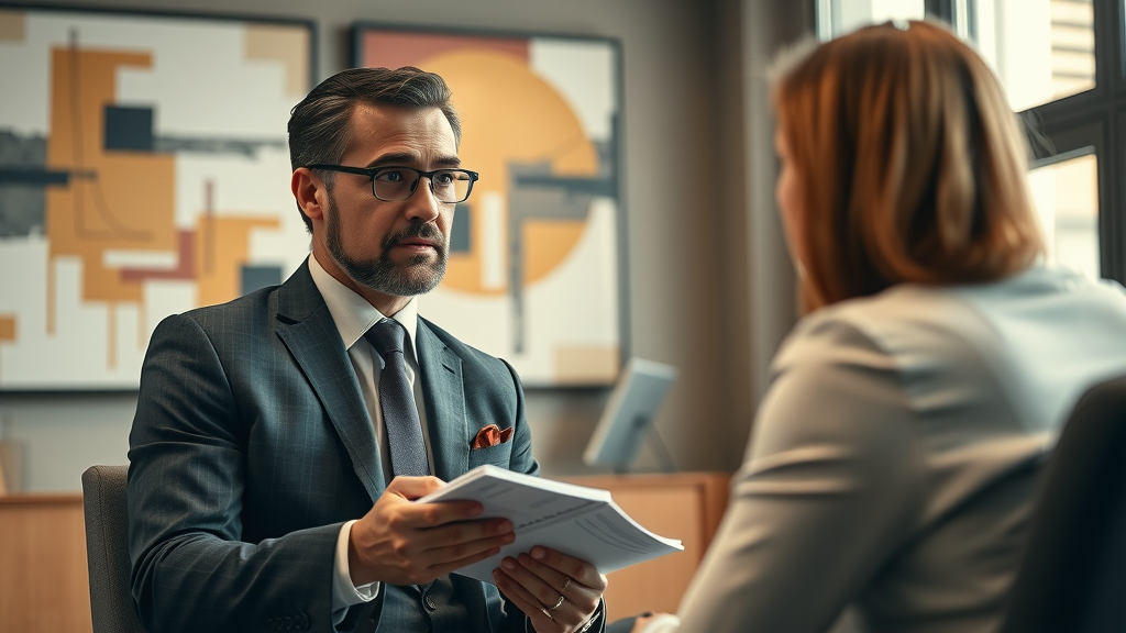 confident business professional interviewing candidate for fractional chief marketing officer role in a modern office