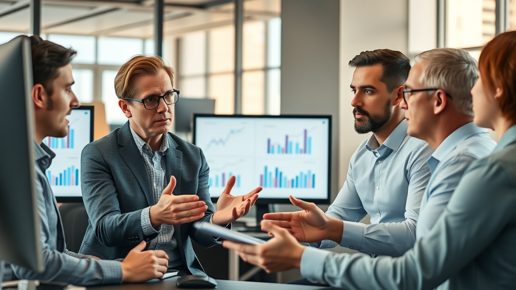 Insightful industry experts discussing promotional product trends in modern office