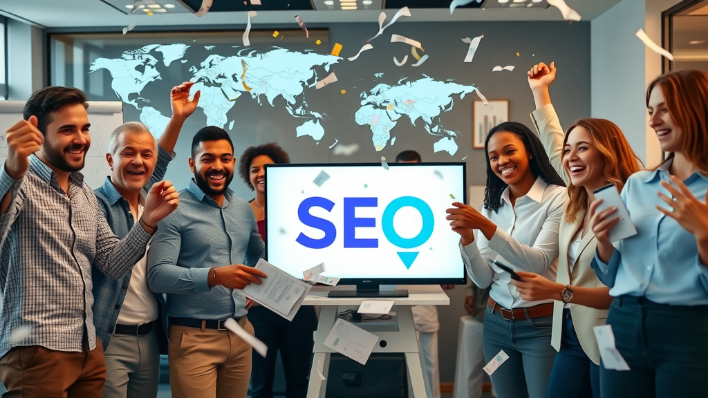 Diverse group of professionals celebrating effective SEO campaign results