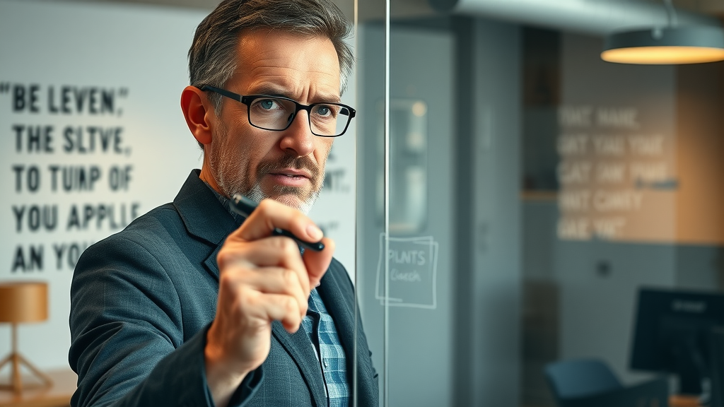 Visionary coach writing a detailed plan on a glass board illustrating consistency to attract high-end coaching clients