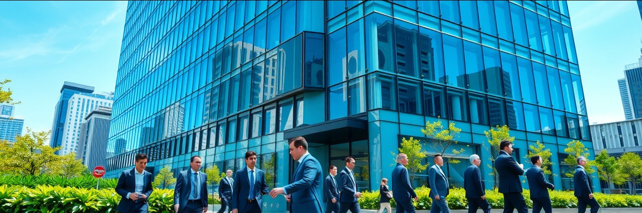 Modern glass office building in business district for commercial real estate law.