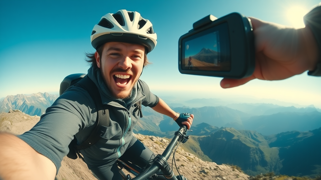 Adventurous athlete capturing thrilling action shot with GoPro camera, exhilarated expression, biking down a mountain trail, Cinematic, rugged outdoor landscape with panoramic mountain views, highly detailed, motion blur from fast movement, cool blue-green colors, natural sunlight, shot with a fisheye action camera lens. GoPro video ad campaign.