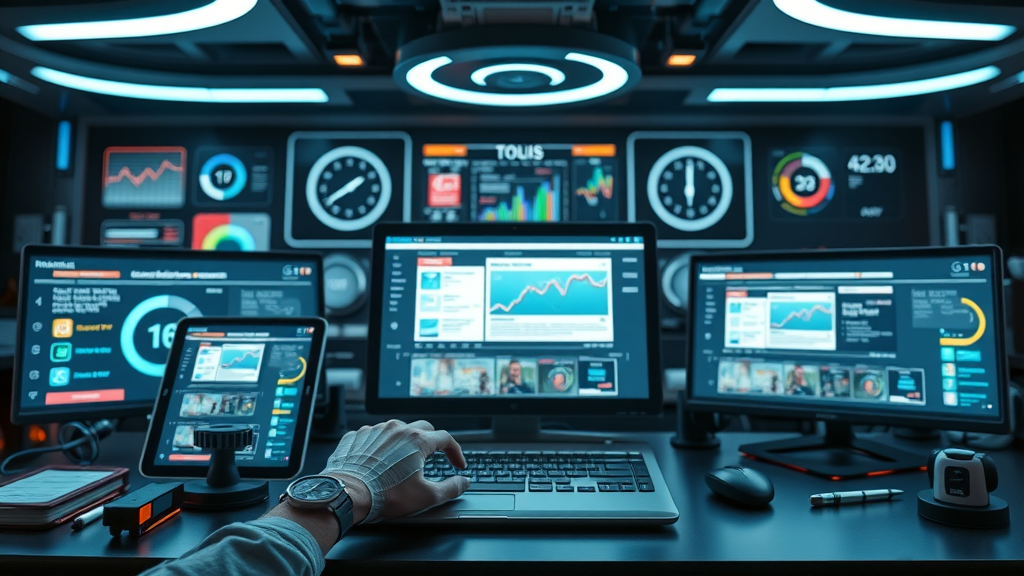 Organized toolkit showing digital devices with blogging apps, high-tech workspace for construction companies enhancing media presence and social media market.