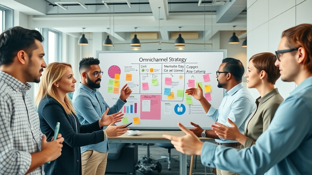 Diverse marketing team collaborating on omnichannel marketing strategy, brainstorming ways to align email marketing campaigns with broader goals