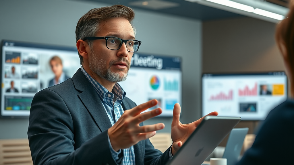 professional cmo presenting marketing strategy using digital tools, engaged marketing team, boardroom with campaign data projections