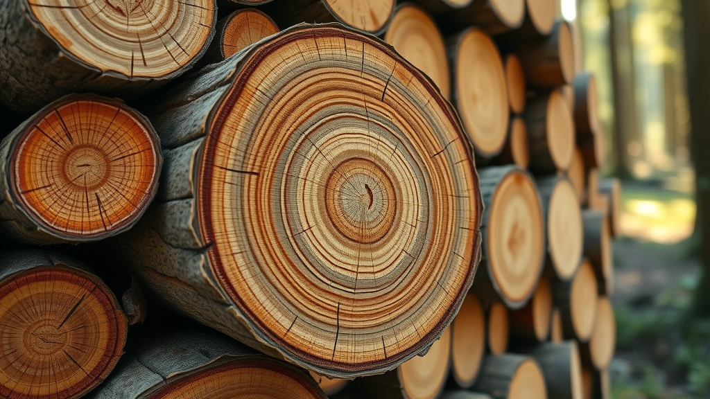 Stack of high-quality logs showing dense growth rings for optimized energy efficiency in log homes
