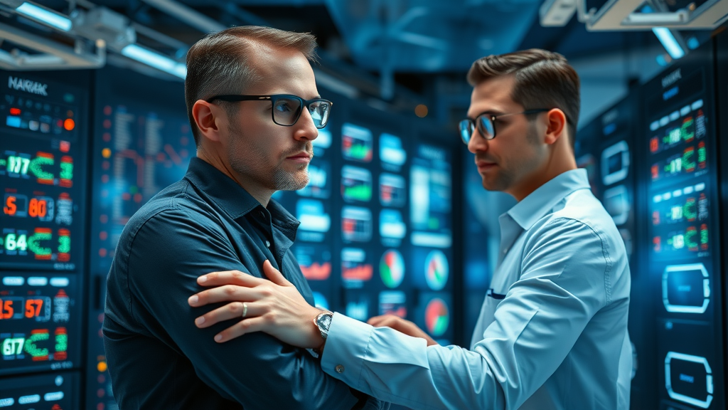 technical seo server room network engineers monitoring LED-lit server dashboards