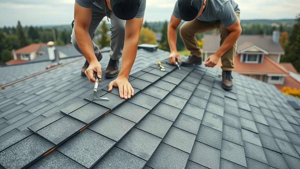 Roofers measuring and inspecting asphalt shingles on a modern home, illustrating roofing costs calculation