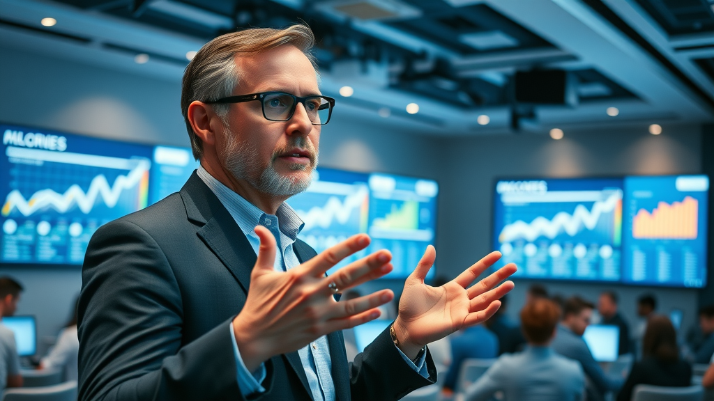 influential fractional CMO leading marketing presentation with analytics, marketing wins