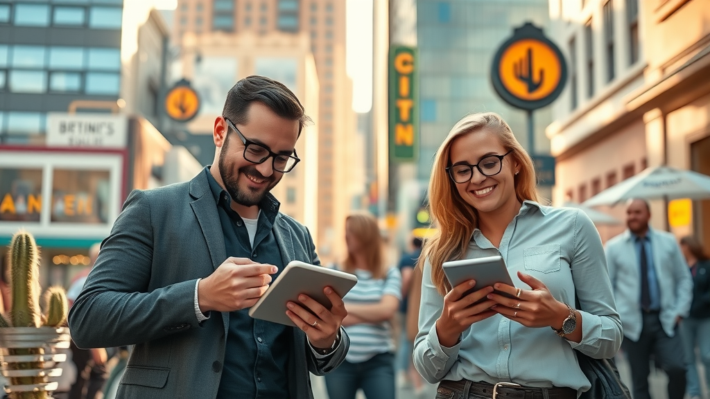 vibrant Phoenix cityscape with small business owners using digital devices, google business profile