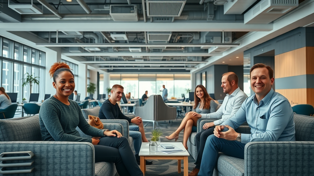 Modern Australian office with inclusive workplace designs, ergonomic furniture, collaborative zones for neurodiversity in the workplace