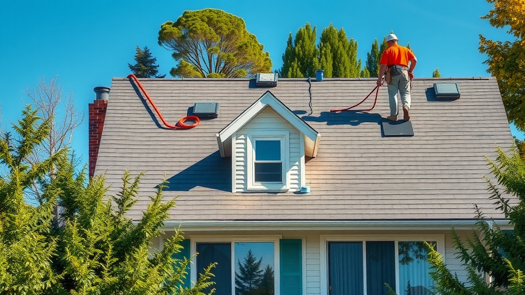 detailed suburban home roof with clear repairs, roofers actively working, blue sky, suburban setting, roof repair in progress