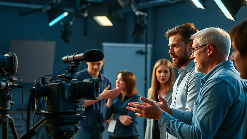 professional video team collaborating during the filming of an interview for brand story video