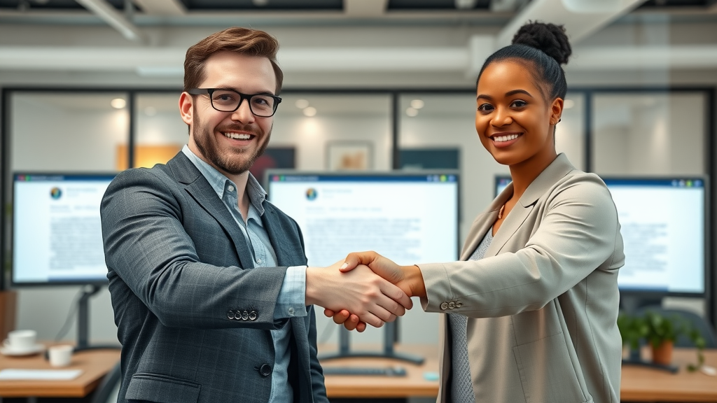Confident content creator shaking hands with blog editor over successful guest post, modern coworking space, approval notifications