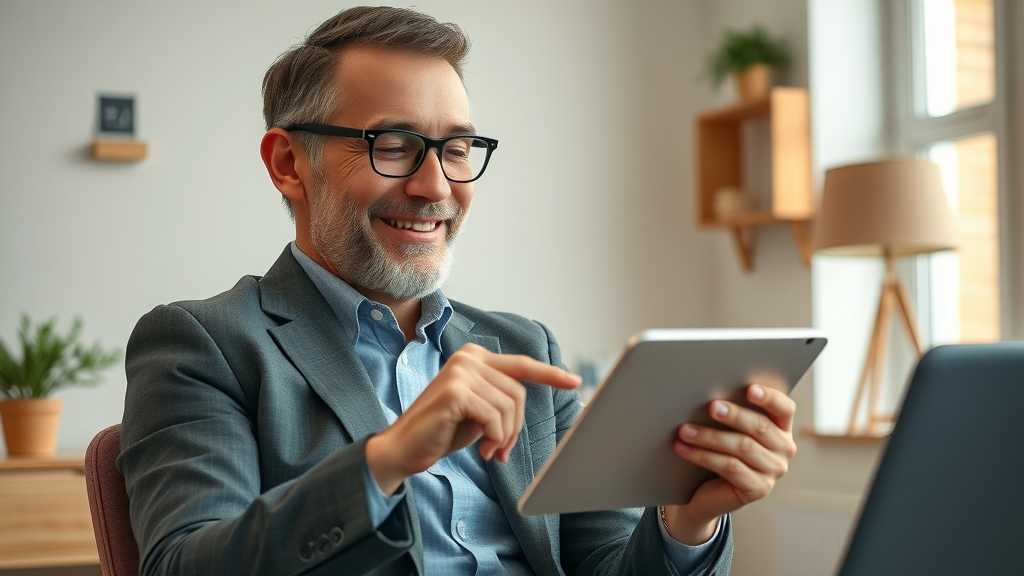 relieved small business owner simplifying loyalty rewards program on tablet