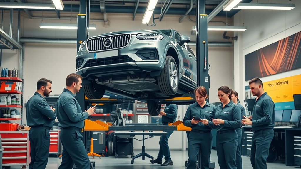 Team of auto repair technicians working in a high-tech car service center.