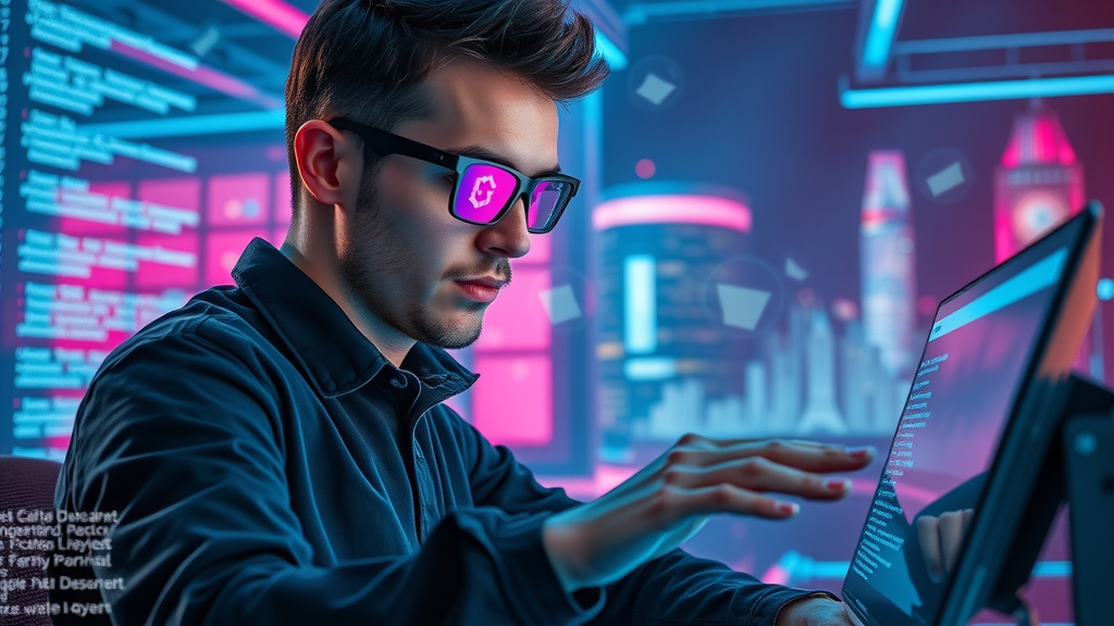 SEO techniques: tech-savvy developer implementing schema markup in a futuristic neon-lit environment