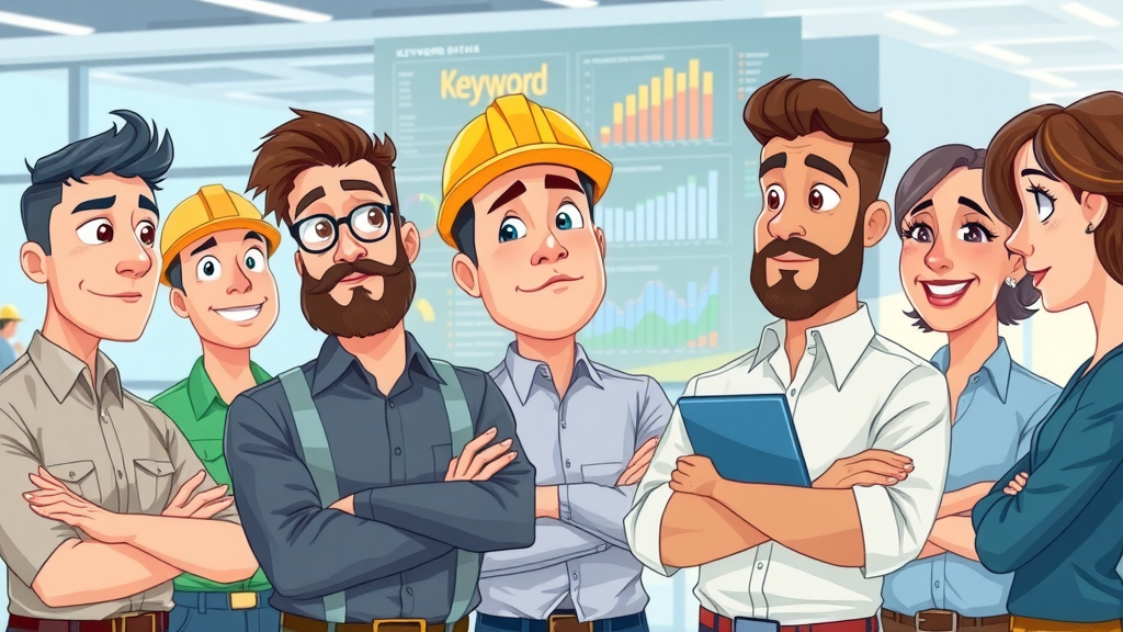 diverse team of contractors, analyzing keyword data charts, google my business, vibrant office, why contractors who blog weekly are winning the Google game