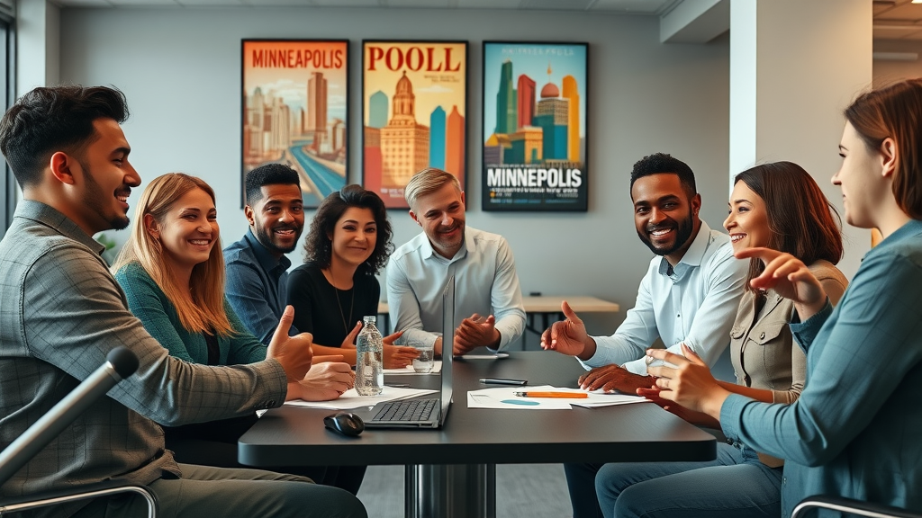 diverse business leaders strategizing in Minneapolis workspace, economic development, urban office setting