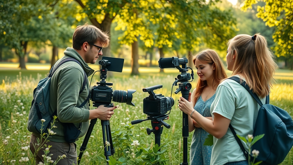 Sustainable video marketing trend, eco-friendly production team filming outdoors with green practices