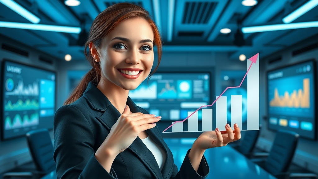 Confident businesswoman illustrating the connection between strategic marketing branding and a rising sales graph in a high-tech, analytics-driven conference room.
