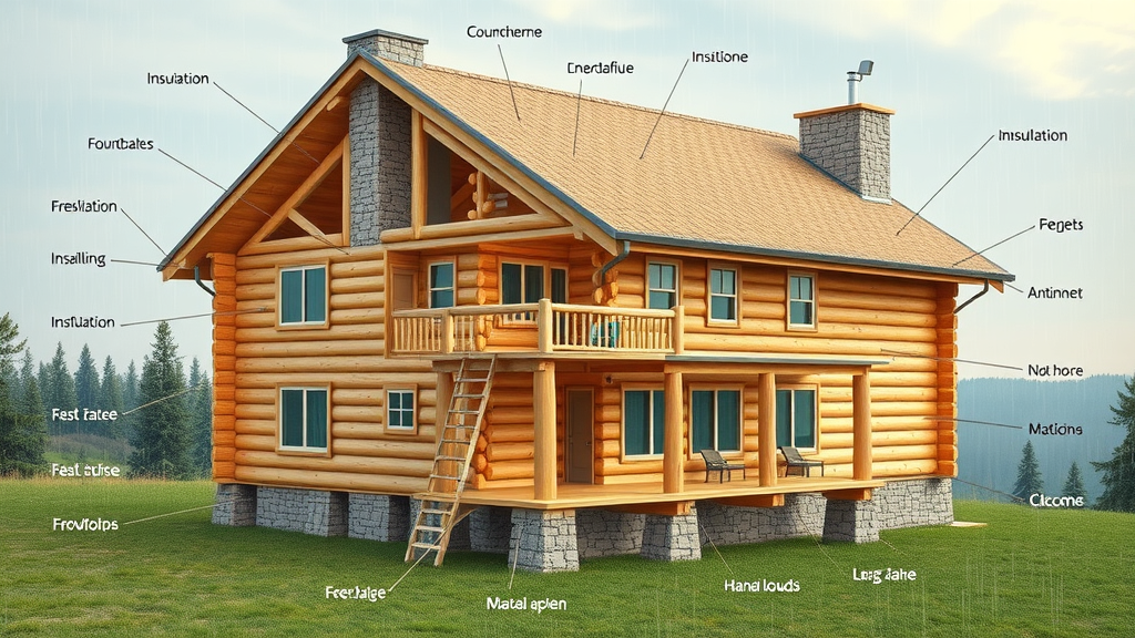 Detailed cutaway diagram log home, highlighting home exterior, roof, and foundation for log home maintenance tips, neutral tones, macro lens