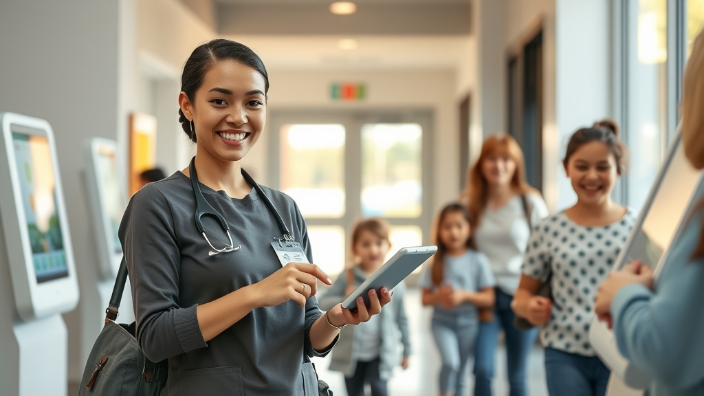 daycare provider using digital check-in tablet, happy parents and children entering a modern daycare center, tech-enabled communication and safety - daycare trends