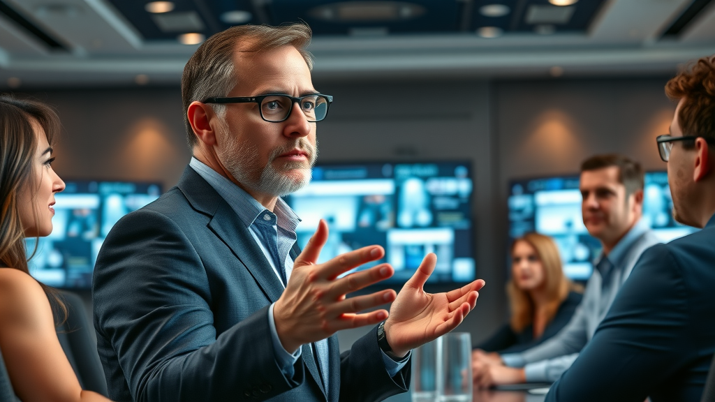 charismatic fractional marketing executive presenting strategy in elegant conference room